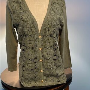 Tommy Hilfiger Green Cardigan with Textured Knit V-Neck, Size M